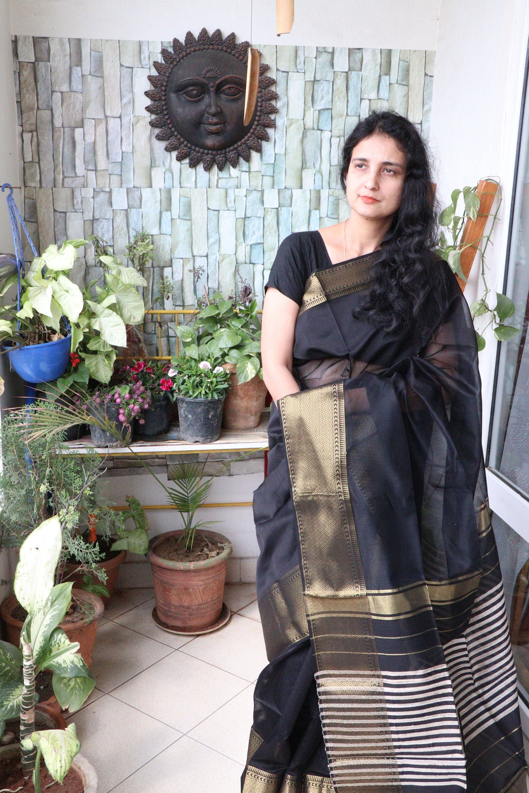 Saree - Maheshwari Silk Cotton with Zari intricate Golden Border - Midnight Dreams - Indian Sari/Indian Dress/Fabric Yard