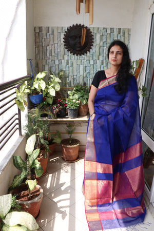 Saree - Maheshwari Silk Cotton with Zari intricate Golden Border - Egyptian Blue - Indian Sari/Indian Dress/Fabric Yard
