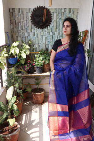 Saree - Maheshwari Silk Cotton with Zari intricate Golden Border - Egyptian Blue - Indian Sari/Indian Dress/Fabric Yard