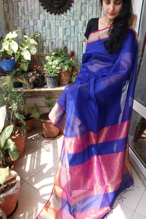Saree - Maheshwari Silk Cotton with Zari intricate Golden Border - Egyptian Blue - Indian Sari/Indian Dress/Fabric Yard