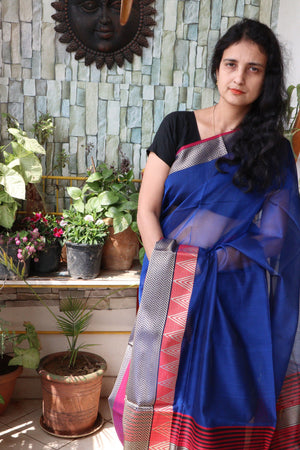 Saree - Maheshwari Silk Cotton with Zari intricate Golden Border - Persian Blue - Indian Sari/Indian Dress/Fabric Yard