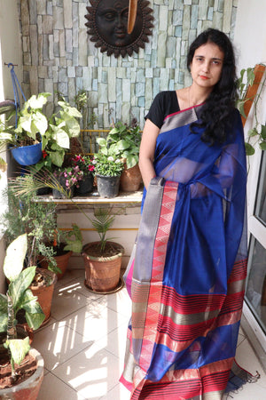 Saree - Maheshwari Silk Cotton with Zari intricate Golden Border - Persian Blue - Indian Sari/Indian Dress/Fabric Yard