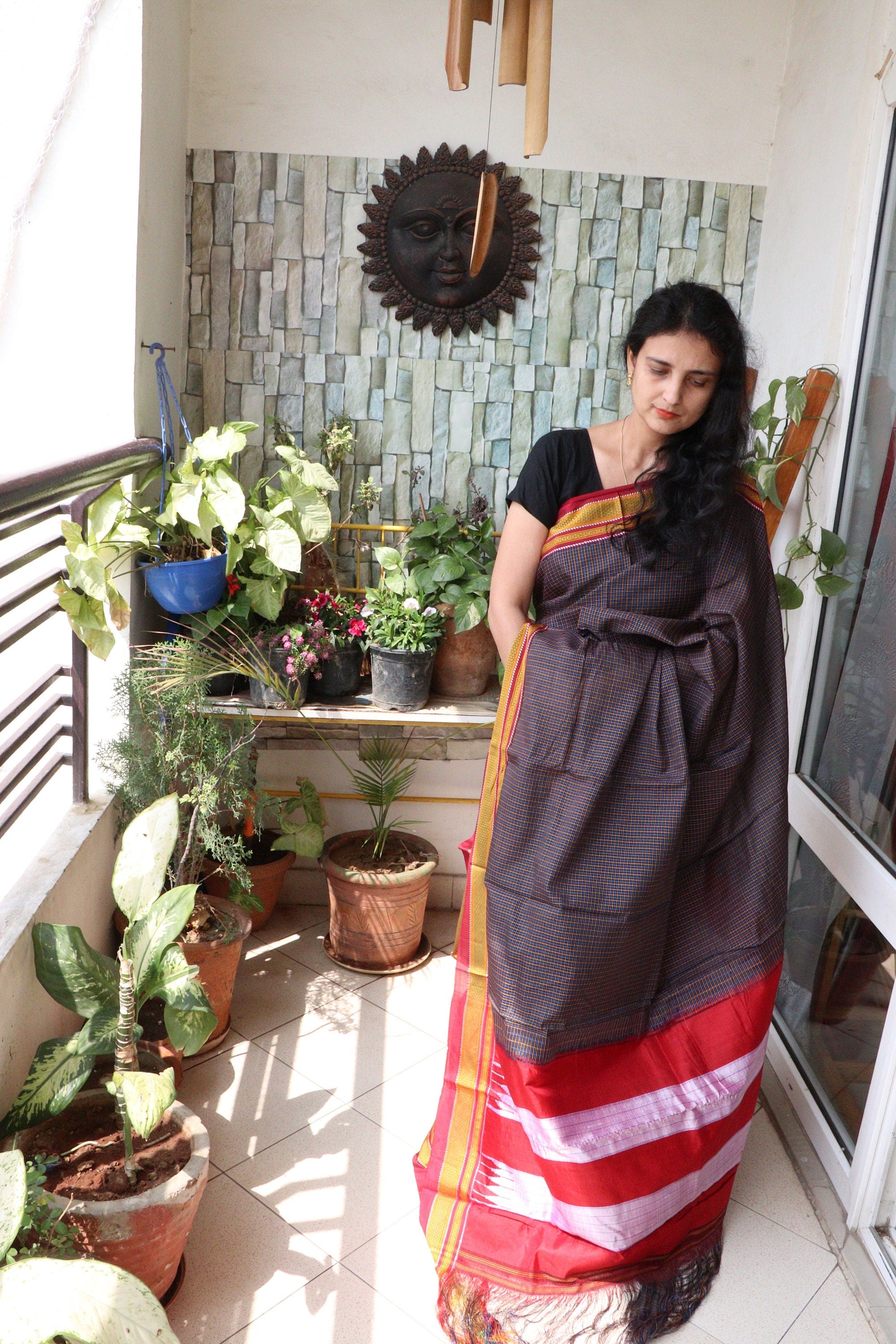 Saree - Illkal Viscose Rayon and Cotton  - Checkered Black & Red - Indian Sari/Indian Dress/Fabric Yard