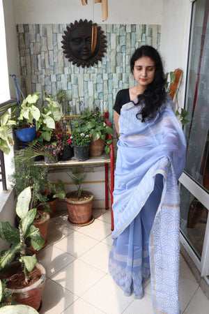 Saree - Chanderi Silk Cotton - Handblock Printed - Steel Blue - Sari/Indian Dress/Fabric Yard