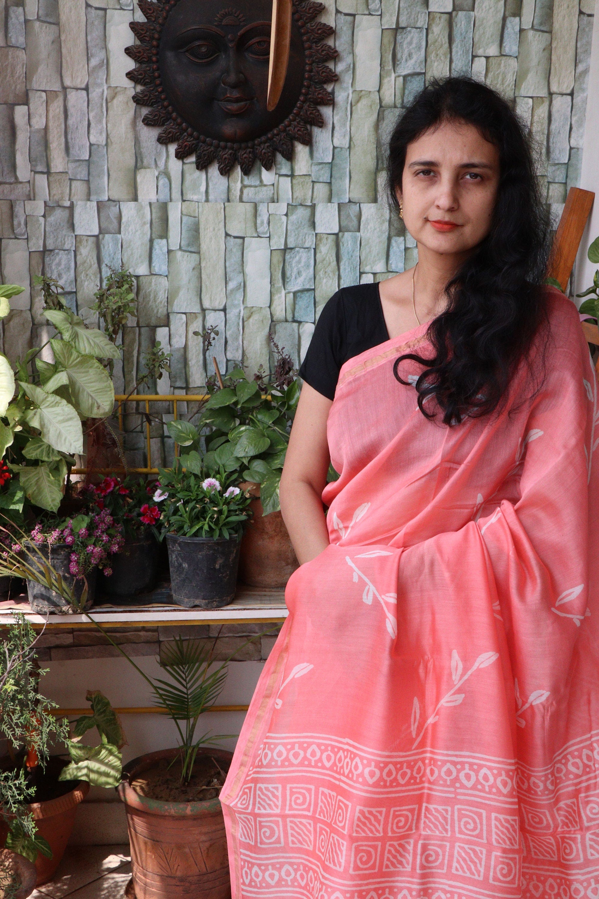 Saree - Chanderi Silk Cotton - Handblock Printed - Melon - Sari/Indian Dress/Fabric Yard
