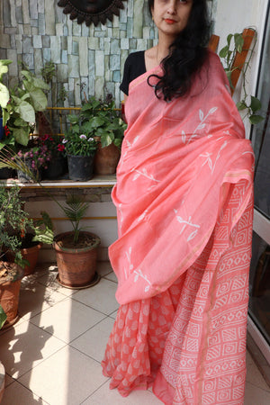 Saree - Chanderi Silk Cotton - Handblock Printed - Melon - Sari/Indian Dress/Fabric Yard