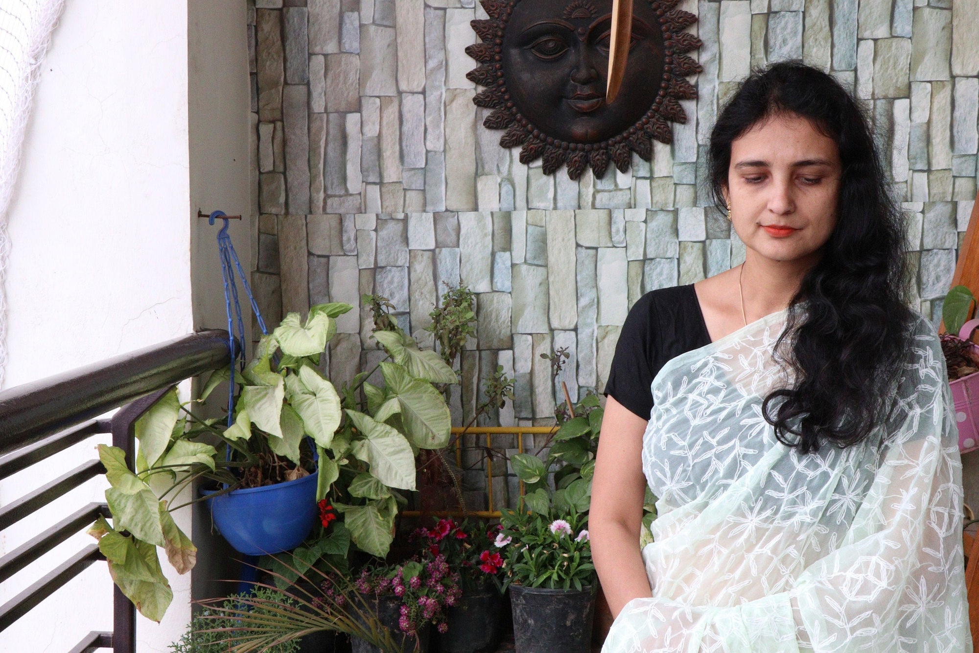 Saree - Chikankari/Tepchi Embroidered Georgette Saree - Pale Green - Sari/Indian Dress/Fabric Yard
