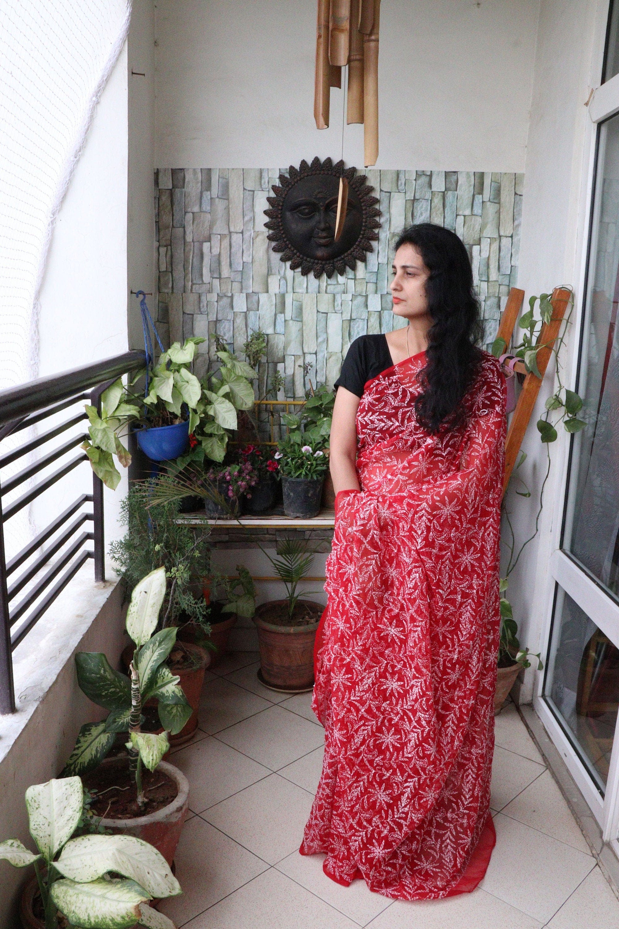 Saree - Chikankari/Tepchi Embroidered Georgette Saree - Crimson - Sari/Indian Dress/Fabric Yard