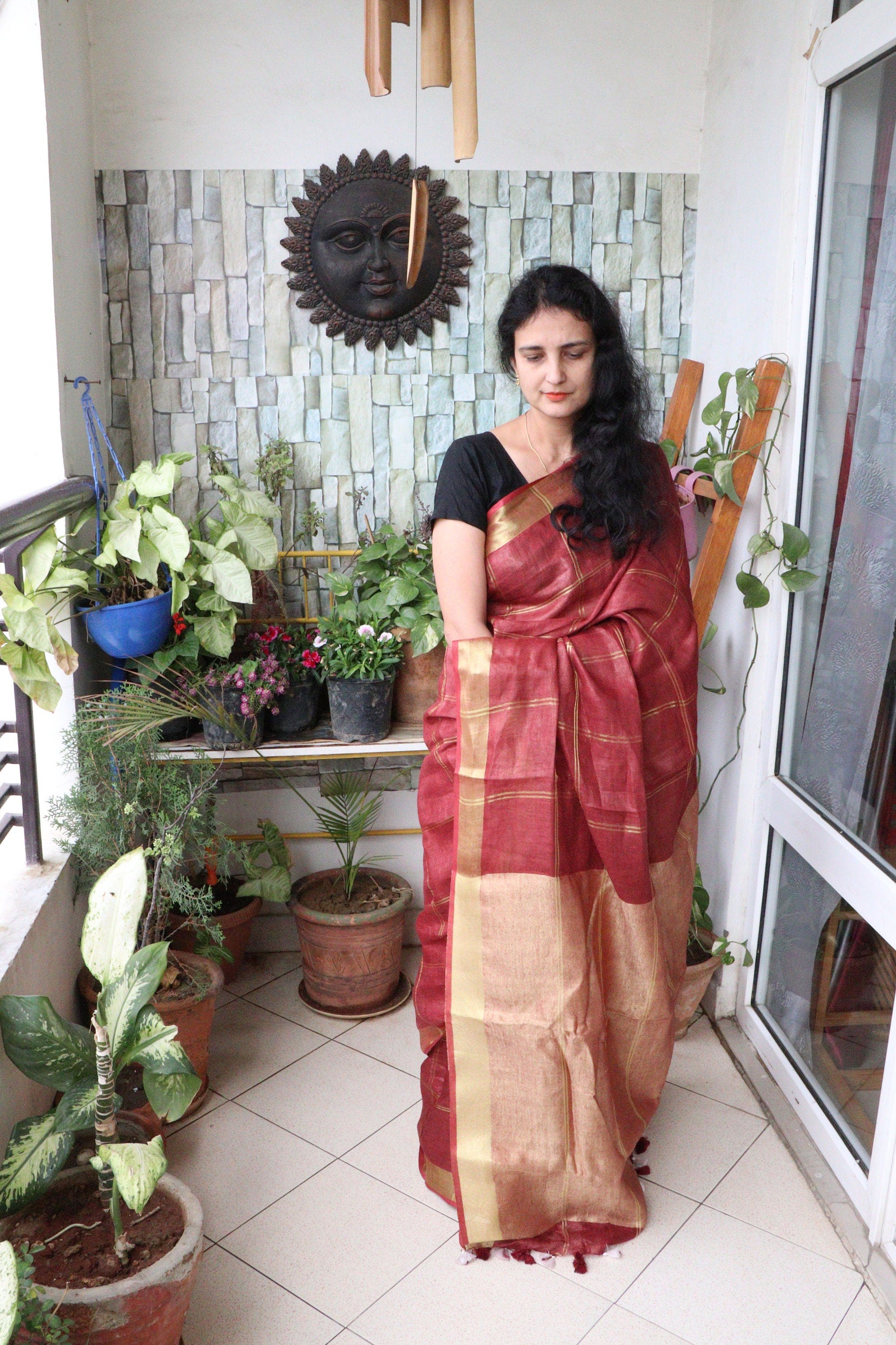 Saree - Handwoven Linen with a woven golden Aanchal and Golden Border- Rust - Indian Sari/Indian Dress/Fabric Yard