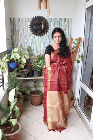 Saree - Handwoven Linen with a woven golden Aanchal and Golden Border- Rust - Indian Sari/Indian Dress/Fabric Yard