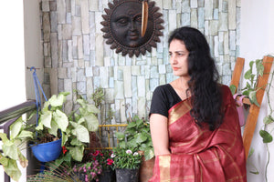Saree - Handwoven Linen with a woven golden Aanchal and Golden Border- Rust - Indian Sari/Indian Dress/Fabric Yard