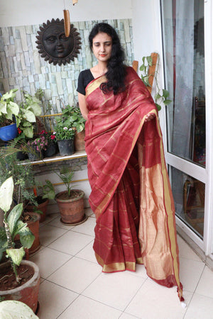 Saree - Handwoven Linen with a woven golden Aanchal and Golden Border- Rust - Indian Sari/Indian Dress/Fabric Yard