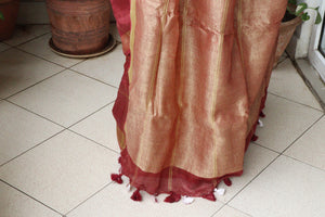 Saree - Handwoven Linen with a woven golden Aanchal and Golden Border- Rust - Indian Sari/Indian Dress/Fabric Yard