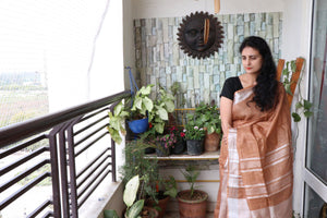 Saree - Handwoven Linen with a woven golden Aanchal and Golden Border- Earthy Brown - Indian Sari/Indian Dress/Fabric Yard