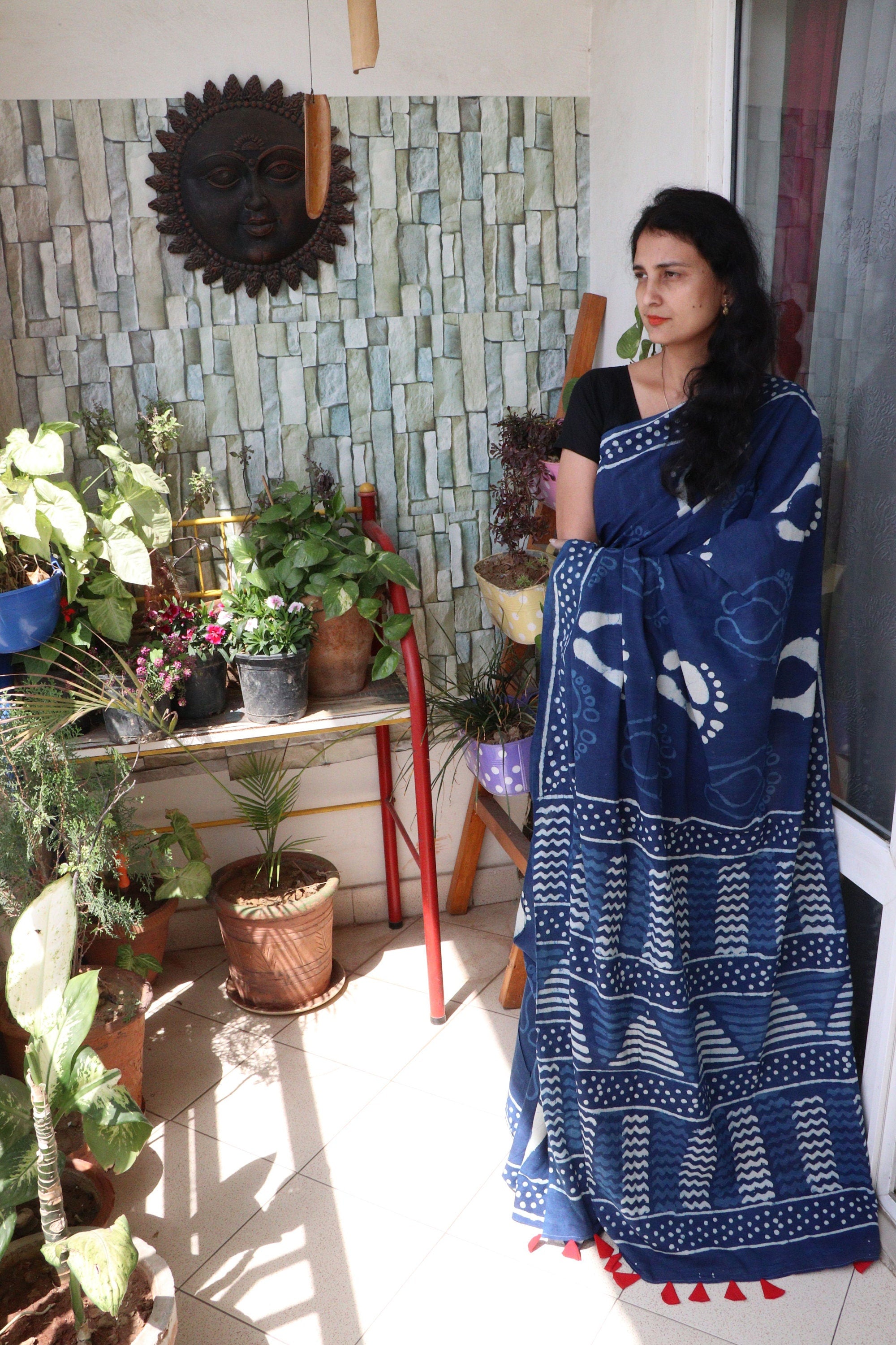 Saree - Handblock Printed Cotton Muslin  Saree - Indigo Steps