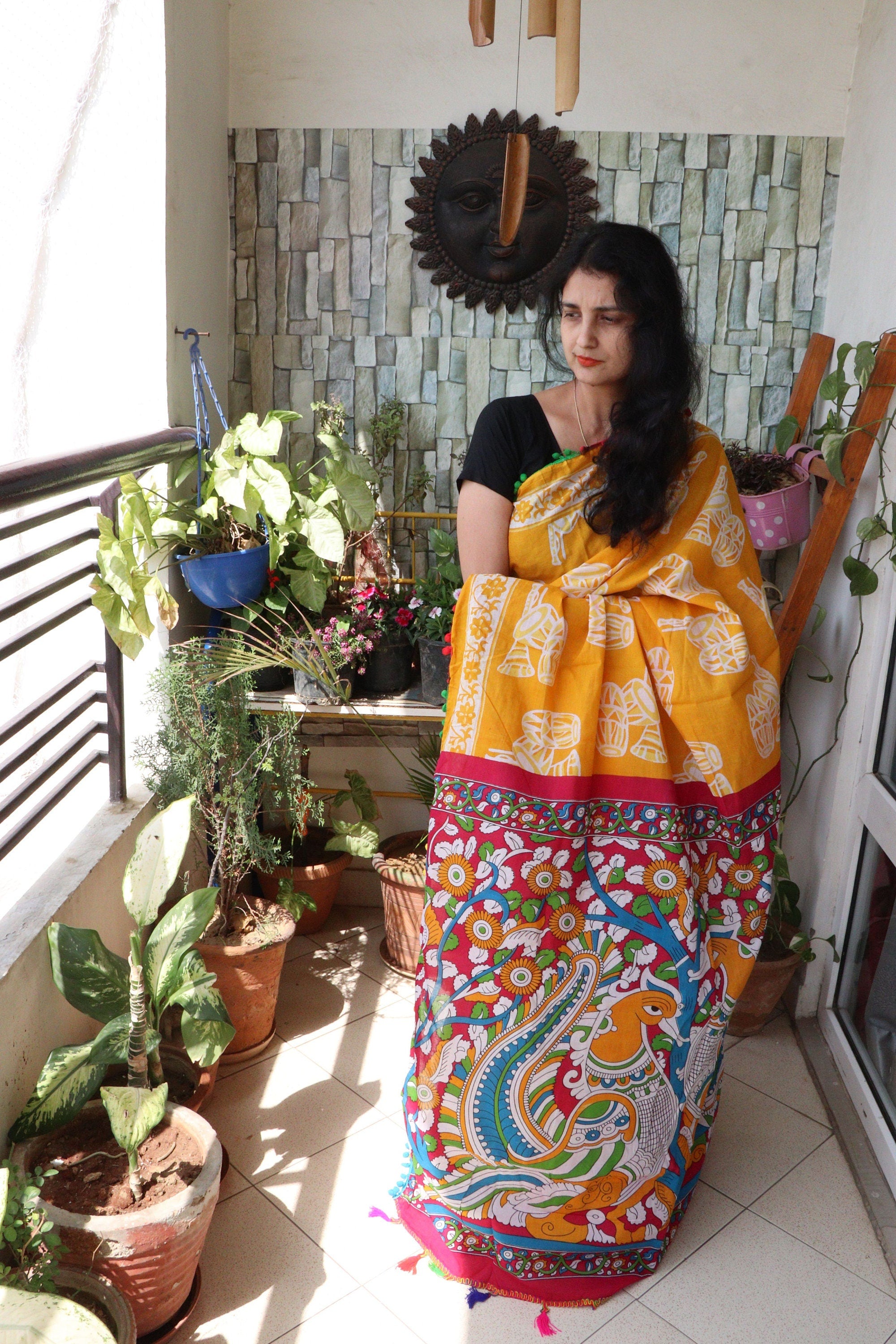 Saree - Screen Printed Cotton Muslin  Saree - Kalamkari Print - Butter Yellow
