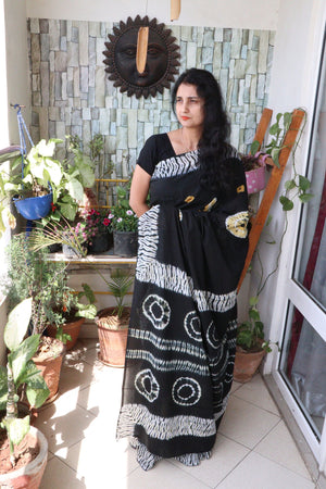 Saree - Screen Printed Cotton Muslin  Saree - Tie-Dye Bandhani Print - Onyx