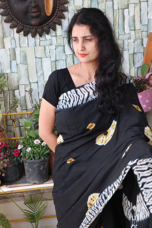 Saree - Screen Printed Cotton Muslin  Saree - Tie-Dye Bandhani Print - Onyx