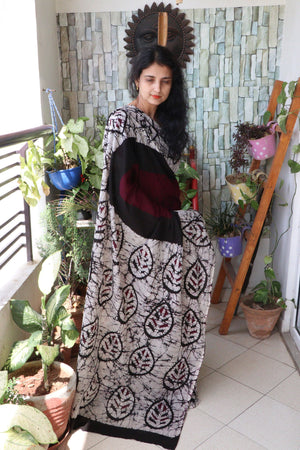 Saree - Handblock Printed Cotton Muslin  Saree - Wine - Leafy Love