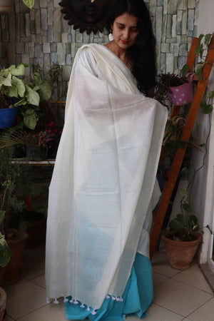 Handwoven Saree - Solid Dual Colored Cotton Muslin/Mulmul Saree - Sky Blue and Pearl