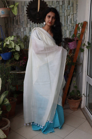Handwoven Saree - Solid Dual Colored Cotton Muslin/Mulmul Saree - Sky Blue and Pearl