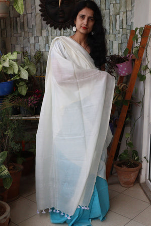 Handwoven Saree - Solid Dual Colored Cotton Muslin/Mulmul Saree - Sky Blue and Pearl