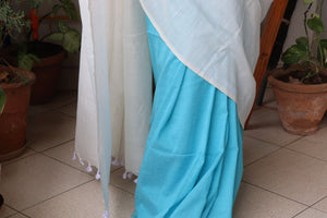 Handwoven Saree - Solid Dual Colored Cotton Muslin/Mulmul Saree - Sky Blue and Pearl