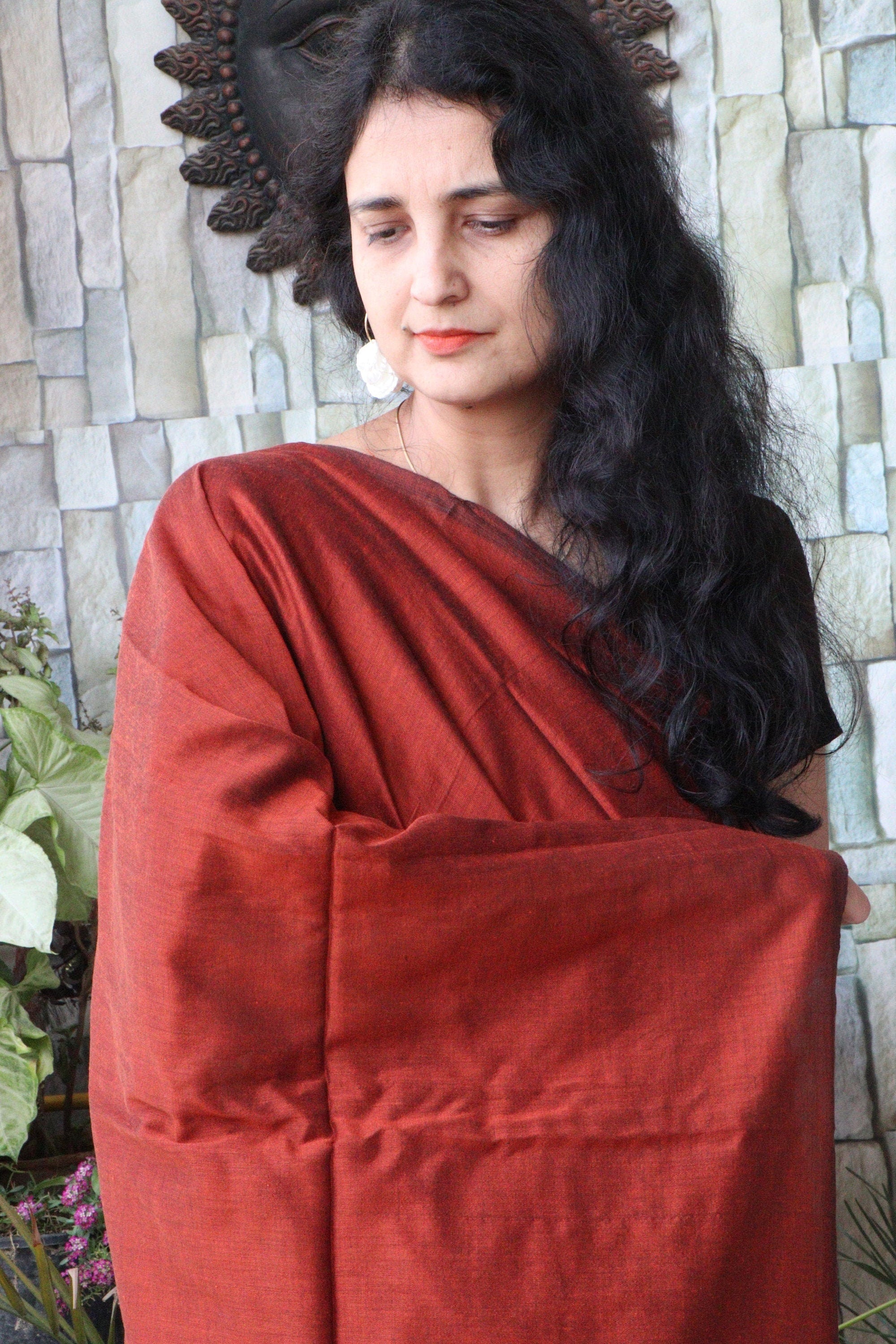 Handwoven Saree - Solid Colored Cotton Muslin/Mulmul Saree - Pecan Syrup