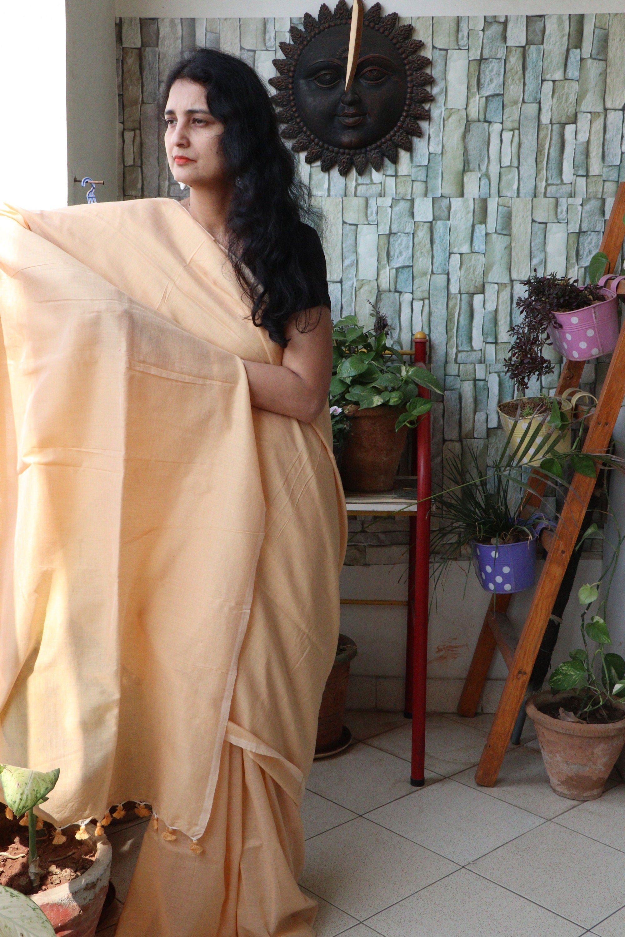 Handwoven Saree - Solid Colored Cotton Muslin/Mulmul Saree - Fawn Delight