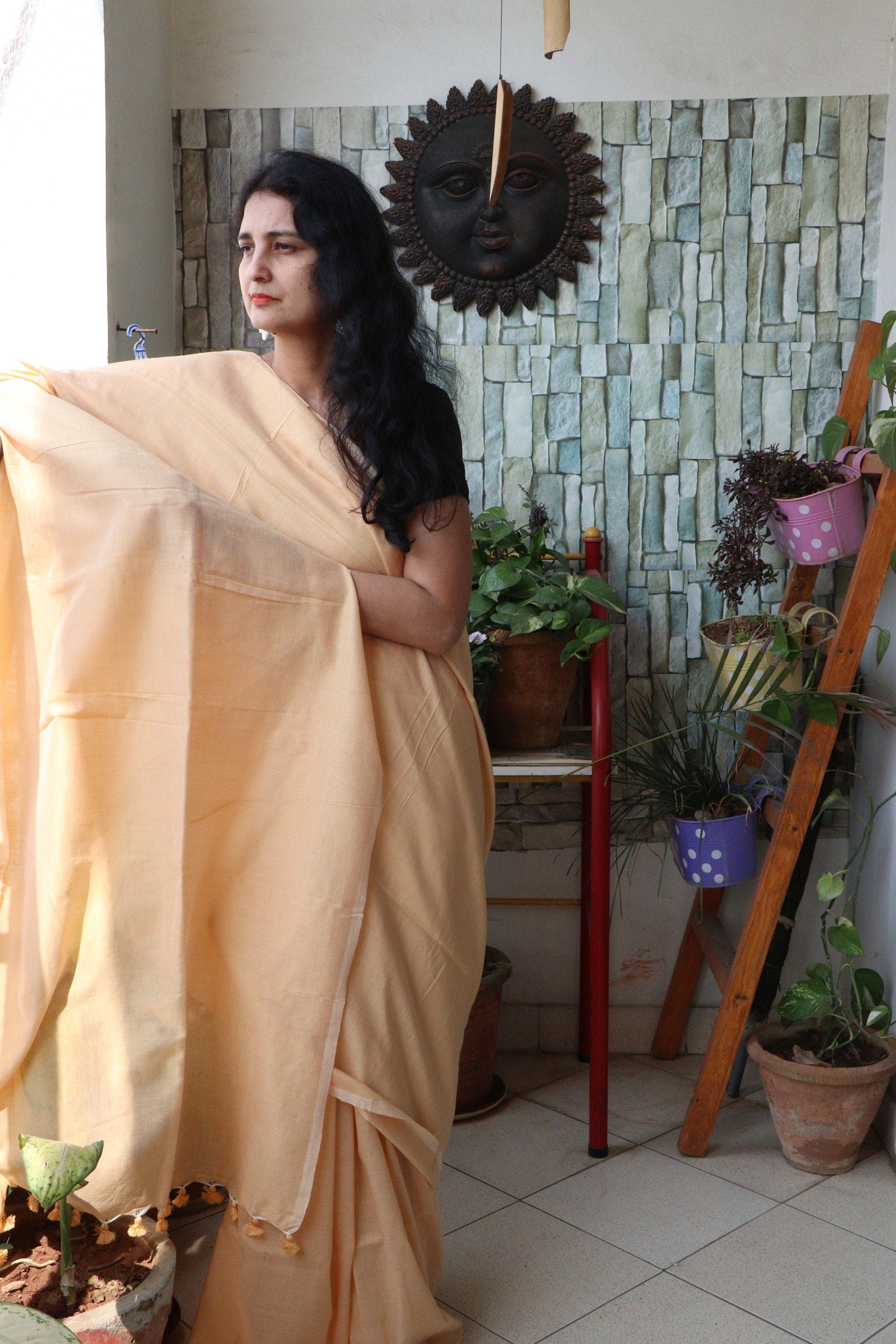 Handwoven Saree - Solid Colored Cotton Muslin/Mulmul Saree - Fawn Delight