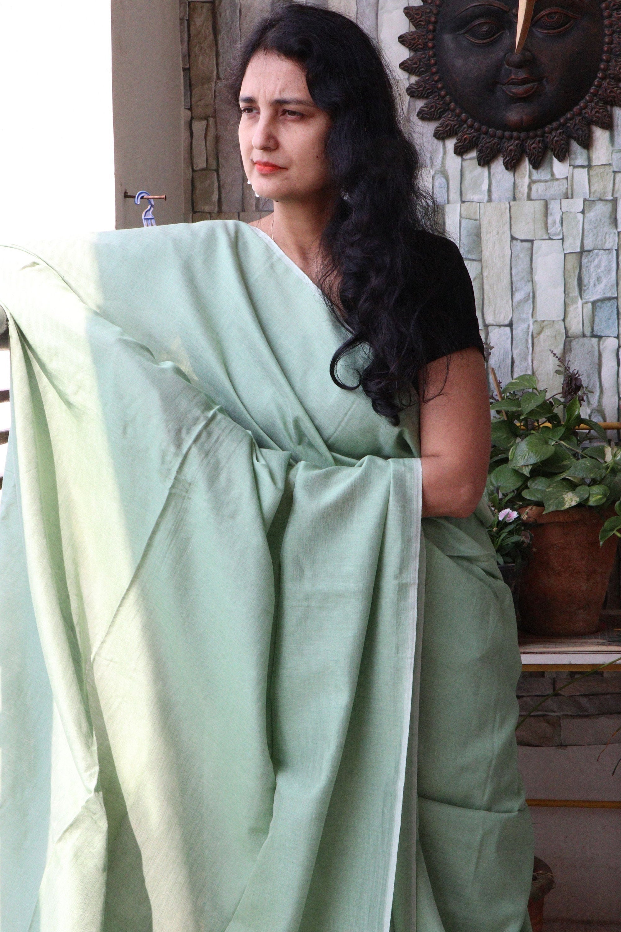 Handwoven Saree - Solid Colored Cotton Muslin/Mulmul Saree - Pistachio