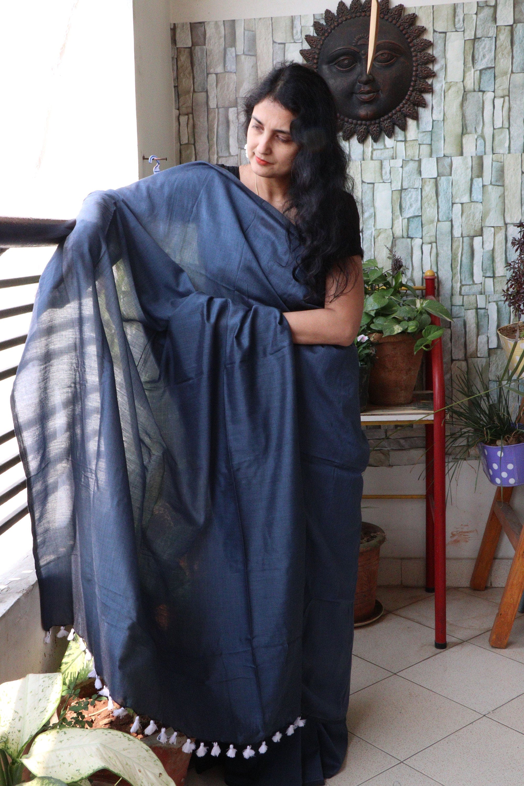 Handwoven Saree - Solid Colored Cotton Muslin/Mulmul Saree - Anchor Grey