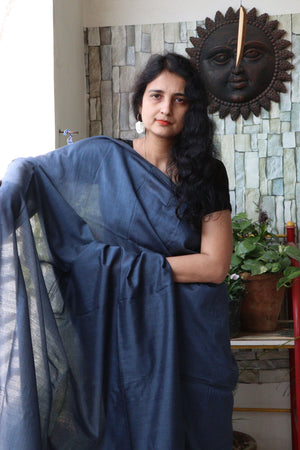 Handwoven Saree - Solid Colored Cotton Muslin/Mulmul Saree - Anchor Grey