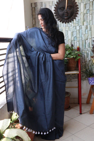 Handwoven Saree - Solid Colored Cotton Muslin/Mulmul Saree - Anchor Grey