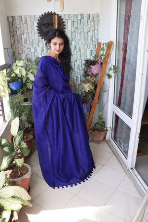 Handwoven Saree - Solid Colored Cotton Muslin/Mulmul Saree - Cobalt Love