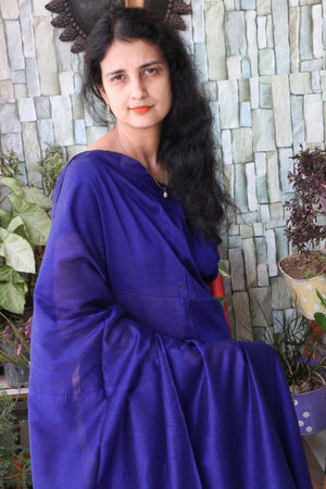 Handwoven Saree - Solid Colored Cotton Muslin/Mulmul Saree - Cobalt Love
