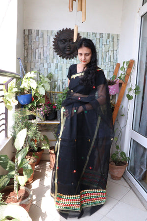 Saree - Cotton Kota Doriya - Handloom/Handwoven Saree with Wool Embroidery - Black Dots - Sari/Indian Dress/Fabric Yard