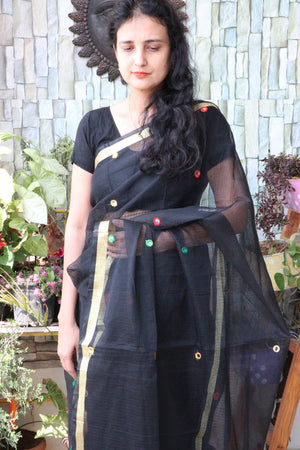 Saree - Cotton Kota Doriya - Handloom/Handwoven Saree with Wool Embroidery - Black Dots - Sari/Indian Dress/Fabric Yard