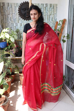 Saree - Cotton Kota Doriya - Handloom/Handwoven Saree with Wool Embroidery - Red Dots - Sari/Indian Dress/Fabric Yard