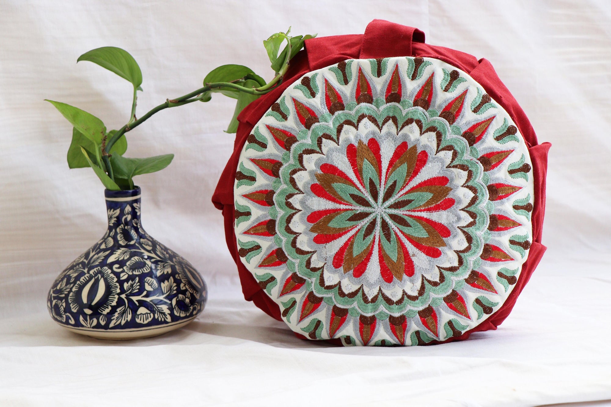 Embroidered Round Zafu Yoga Pillow |Zipped Cover |Washable| Portable - Size Medium - Mandala - Red Rose - Filling Options - Pre-Orders