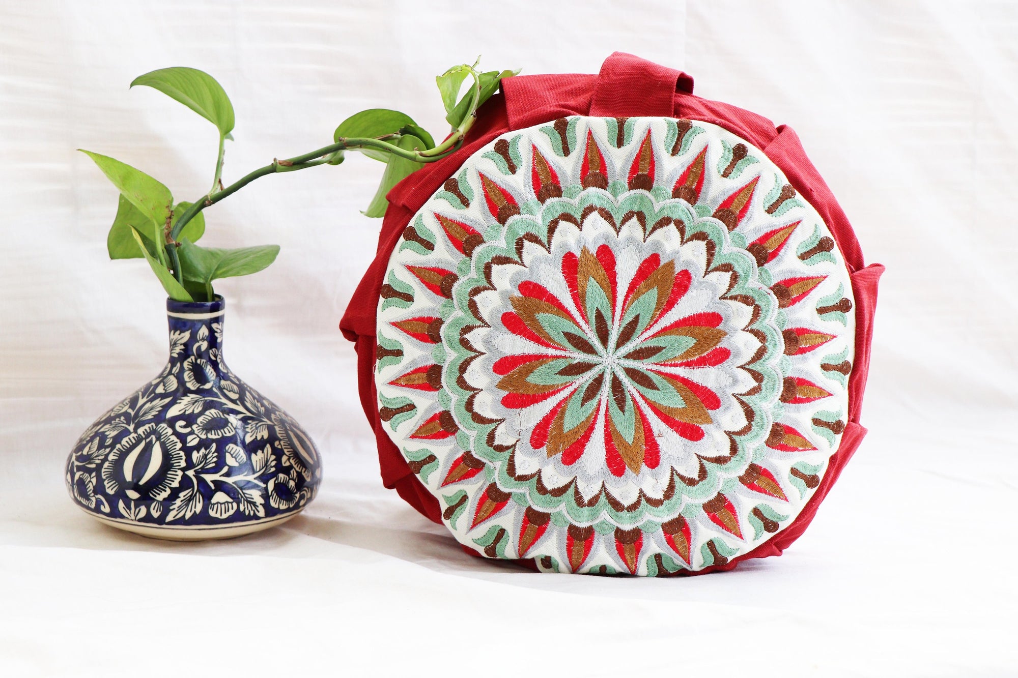 Embroidered Round Zafu Yoga Pillow |Zipped Cover |Washable| Portable - Size Medium - Mandala - Red Rose - Filling Options - Pre-Orders