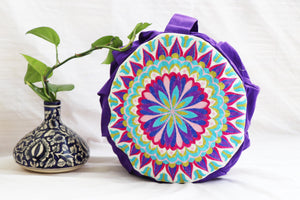 Embroidered Round Zafu Yoga Pillow |Zipped Cover |Washable| Portable - Size Medium - Mandala - Bright Purple - Filling Options - Pre-Orders