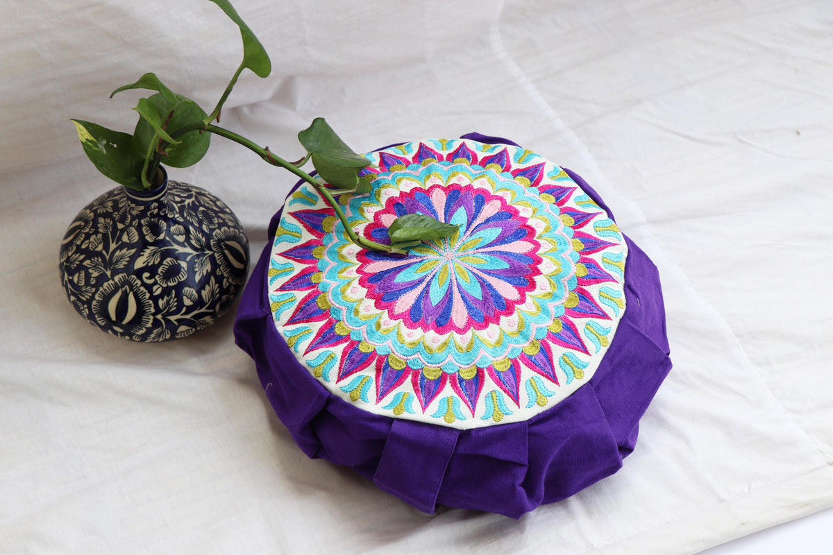 Embroidered Round Zafu Yoga Pillow |Zipped Cover |Washable| Portable - Size Medium - Mandala - Bright Purple - Filling Options - Pre-Orders