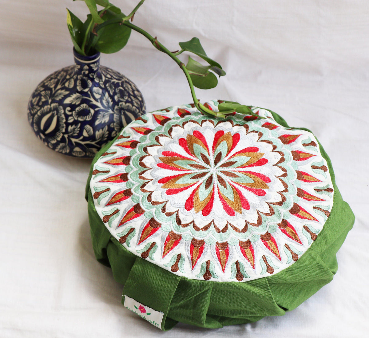 Embroidered Round Zafu Yoga Pillow |Zipped Cover |Washable| Portable - Size Medium - Mandala - Leafy Green - Filling Options - Pre-Orders