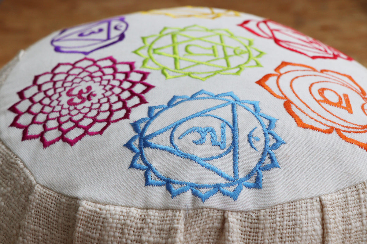 Embroidered Seven Chakra Round Zafu Yoga Pillow |Zipped Cover |Washable| Portable - Filling Options - Pre-Orders