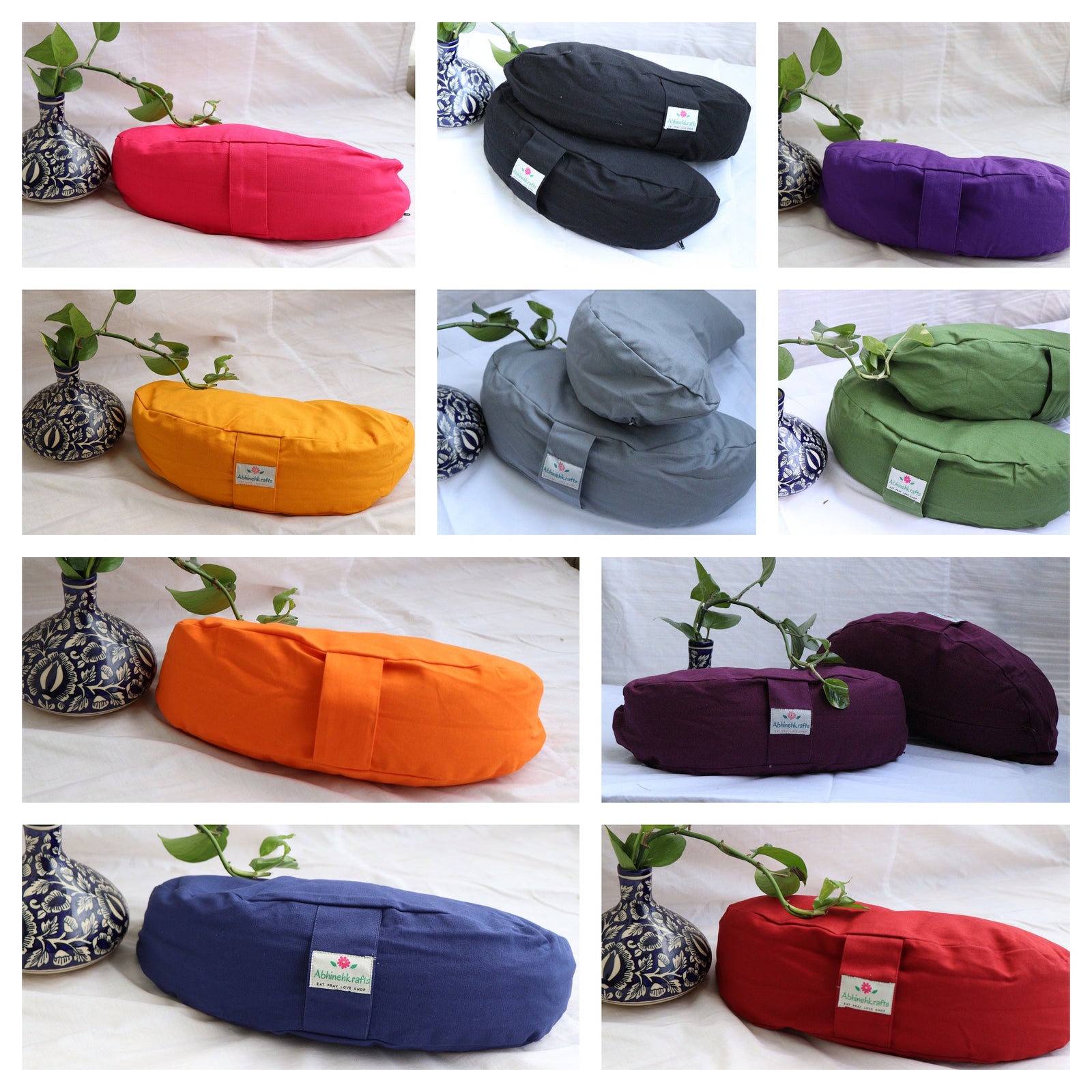 Crescent Yoga/Meditation Cushion–Crescent Yoga Pillow| Zippered Organic Cotton Cover/Liner|Carrying Handle - Color Options - Filling Options