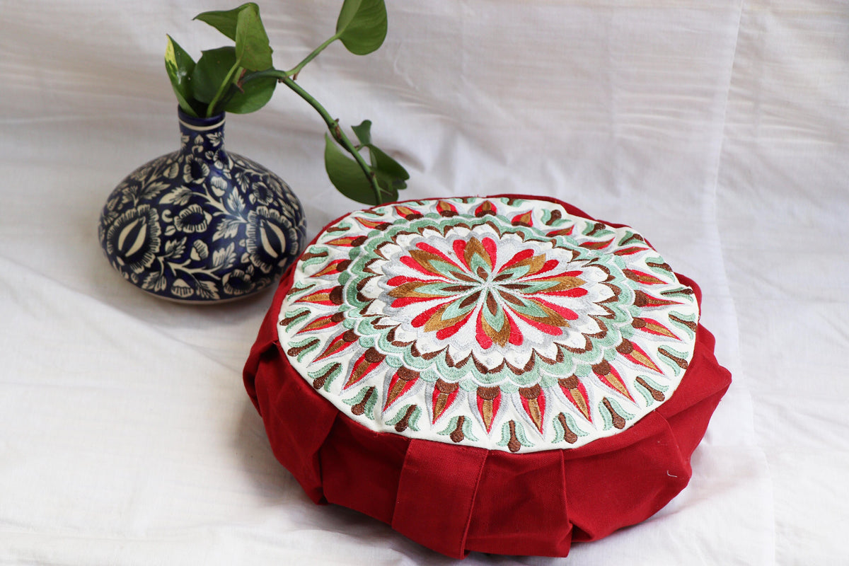 Embroidered Round Zafu Yoga Pillow |Zipped Cover |Washable| Portable - Size Medium - Mandala - Red Rose - Filling Options - Pre-Orders
