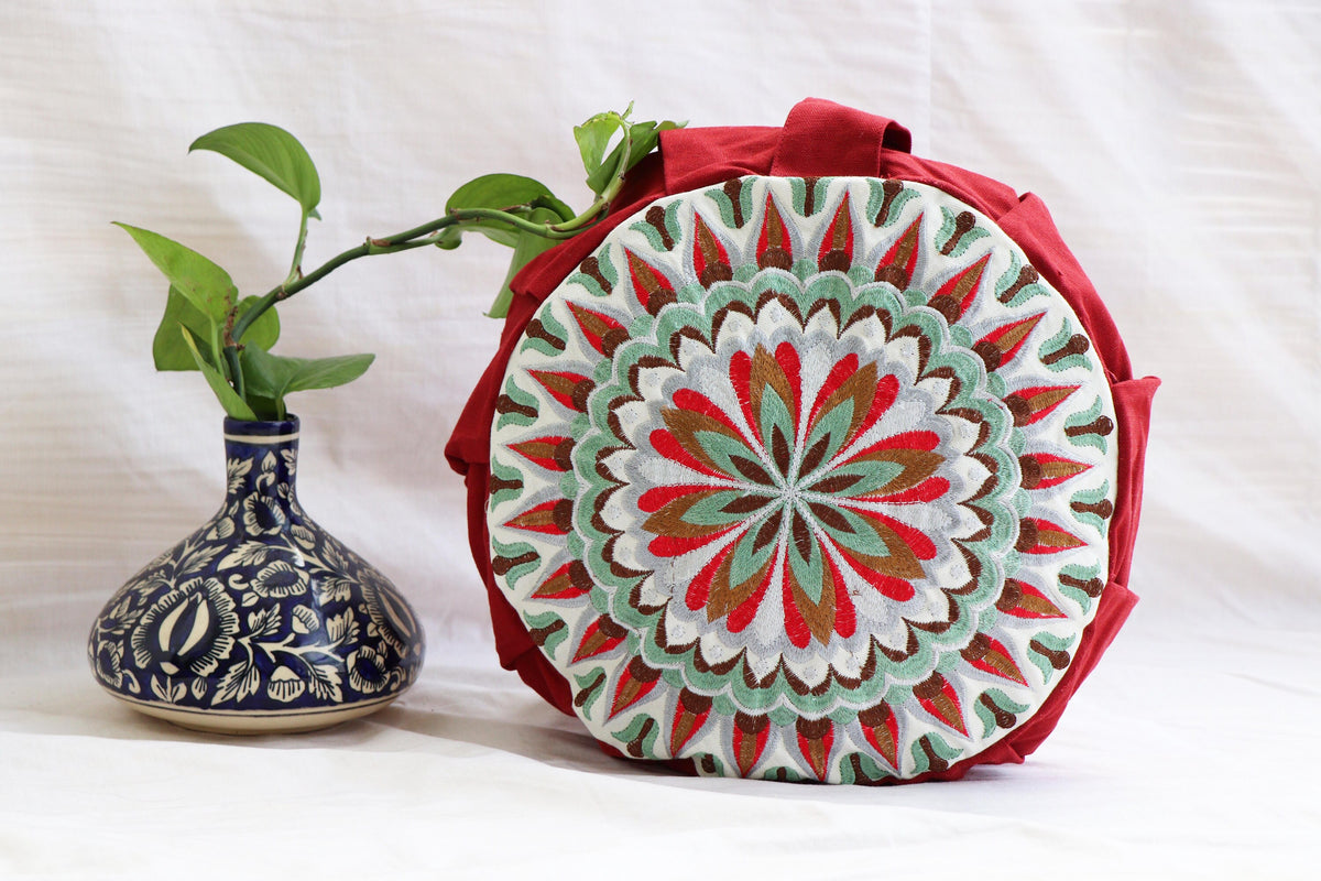 Embroidered Round Zafu Yoga Pillow |Zipped Cover |Washable| Portable - Size Medium - Mandala - Red Rose - Filling Options - Pre-Orders