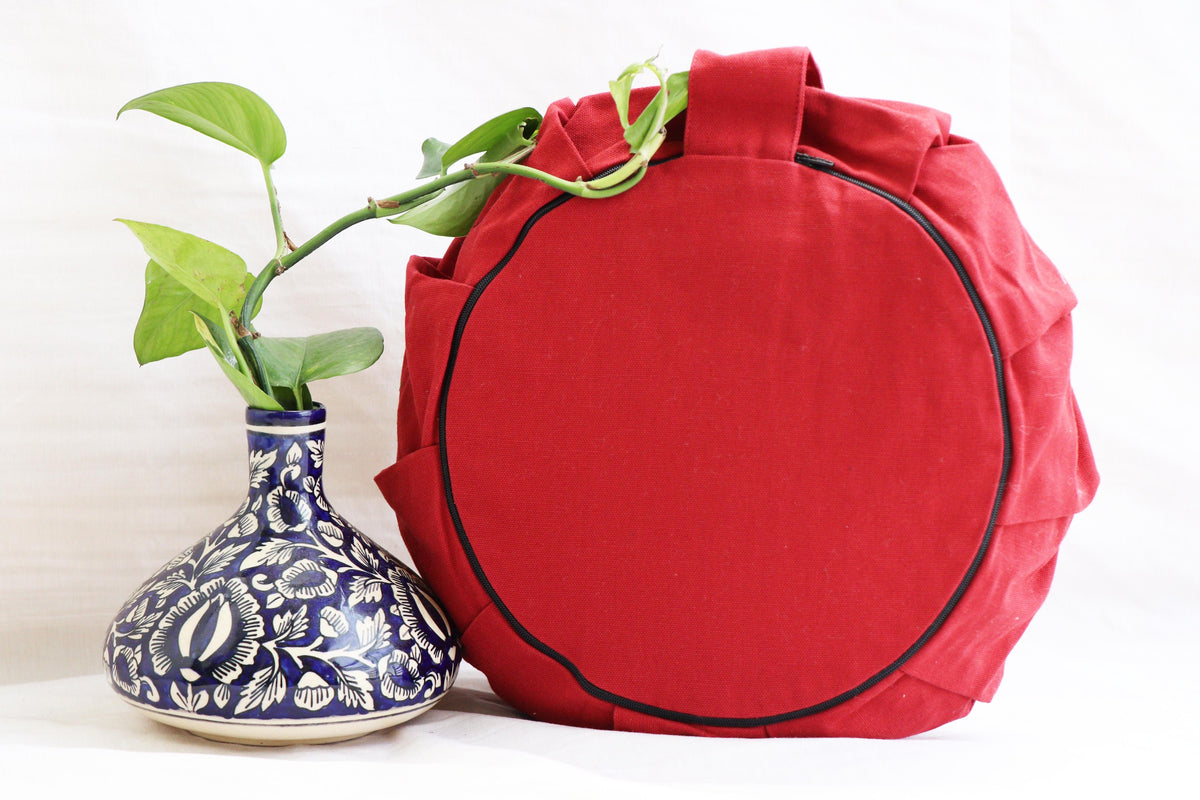 Embroidered Round Zafu Yoga Pillow |Zipped Cover |Washable| Portable - Size Medium - Mandala - Red Rose - Filling Options - Pre-Orders