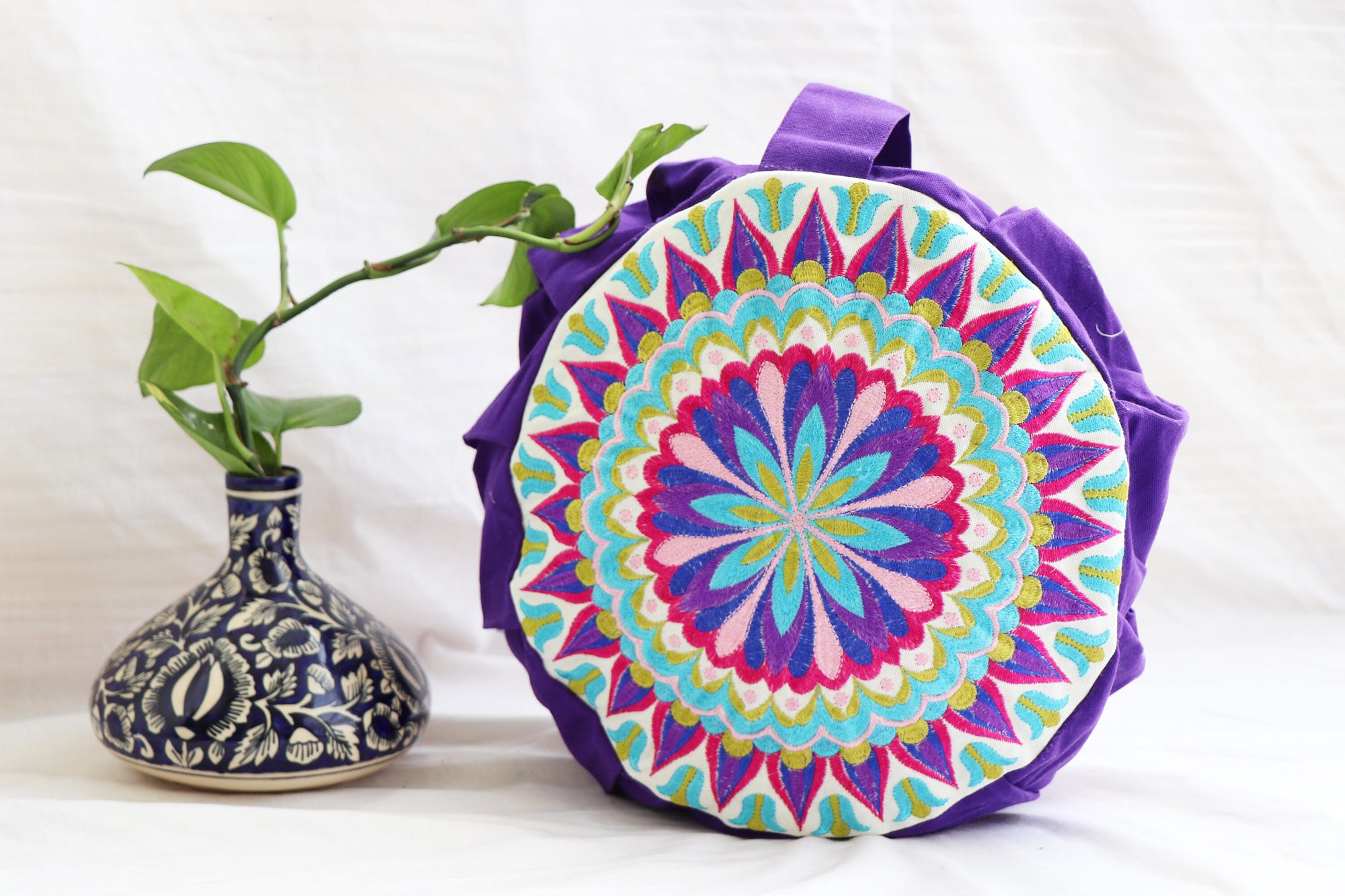 Embroidered Round Zafu Yoga Pillow |Zipped Cover |Washable| Portable - Size Medium - Mandala - Bright Purple - Filling Options - Pre-Orders